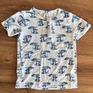 Kate Quinn Light Blue Short Sleeve Henley with Navy Mushroom Print